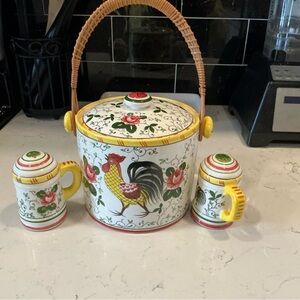 Vintage Ucargo early provincial rooster and roses jar with salt & paper shaker